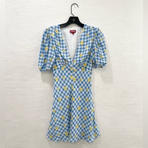 Staud Milla Print Minidress In Gingham Daisy Plaid - Picture 2 of 5